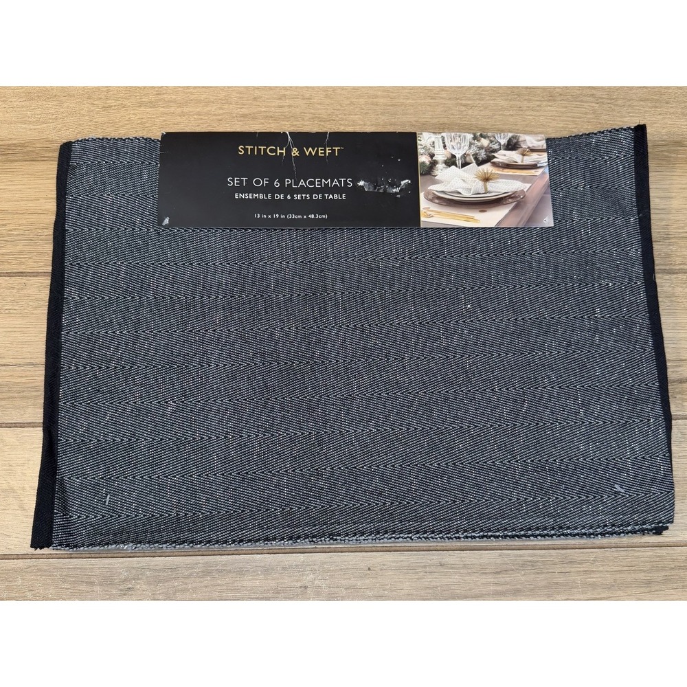Stitch & Weft Set Of 6 Placemats Charcoal Black Gray Metallic Tencil 13x19 NWT